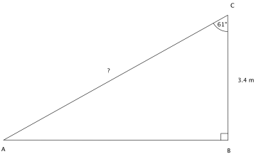 En rettvinklet trekant ABC der vinkelen C er 61 grader og BC = 3.4 cm, mens AC er hypotenusen.